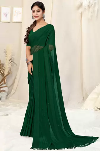 Green georgette solid tassels saree with unstitched blouse piece