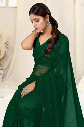 Green georgette solid tassels saree with unstitched blouse piece