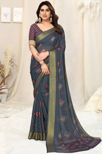 Grey chiffon block print zari line border saree with unstitched blouse piece