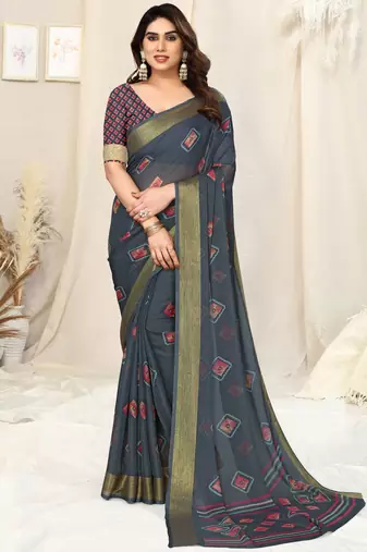 Grey chiffon block print zari line border saree with unstitched blouse piece