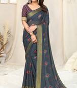 Grey chiffon block print zari line border saree with unstitched blouse piece