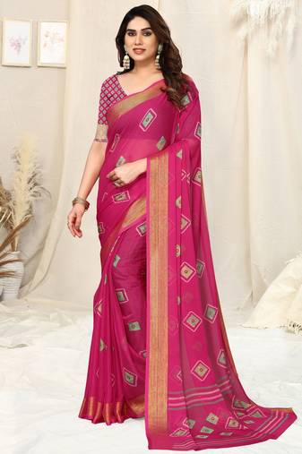 Pink chiffon block print zari line border saree with unstitched blouse piece