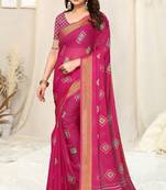 Pink chiffon block print zari line border saree with unstitched blouse piece