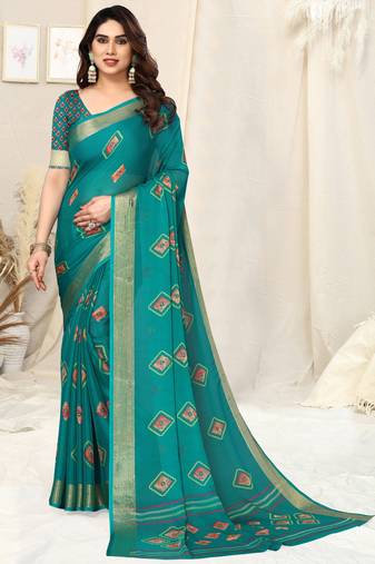 Teal chiffon block print zari line border saree with unstitched blouse piece