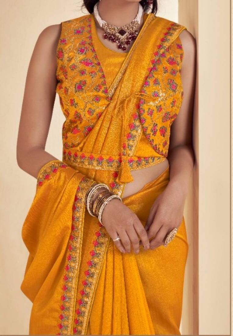 yellow colour cotton silk saree for haldi ceremony