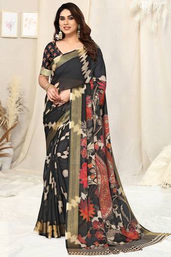 Black chiffon shibori print paisley zari line border saree with unstitched blouse piece