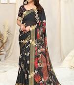 Black chiffon shibori print paisley zari line border saree with unstitched blouse piece