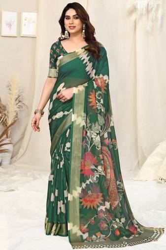 Green chiffon shibori print paisley zari line border saree with unstitched blouse piece