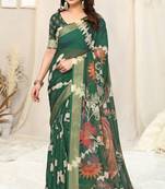 Green chiffon shibori print paisley zari line border saree with unstitched blouse piece