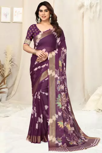 Purple chiffon shibori print paisley zari line border saree with unstitched blouse piece
