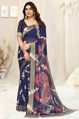 Blue chiffon shibori print paisley zari line border saree with unstitched blouse piece 1
