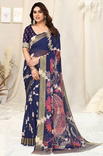 Blue chiffon shibori print paisley zari line border saree with unstitched blouse piece