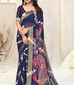 Blue chiffon shibori print paisley zari line border saree with unstitched blouse piece