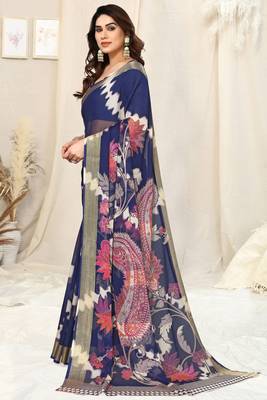 Blue chiffon shibori print paisley zari line border saree with unstitched blouse piece 2