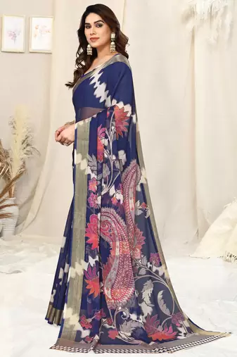 Blue chiffon shibori print paisley zari line border saree with unstitched blouse piece