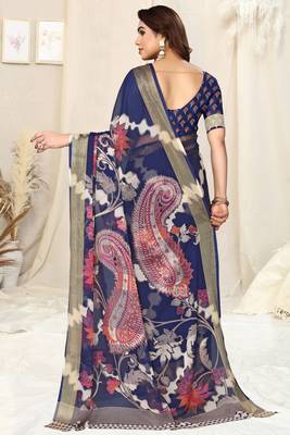Blue chiffon shibori print paisley zari line border saree with unstitched blouse piece 3