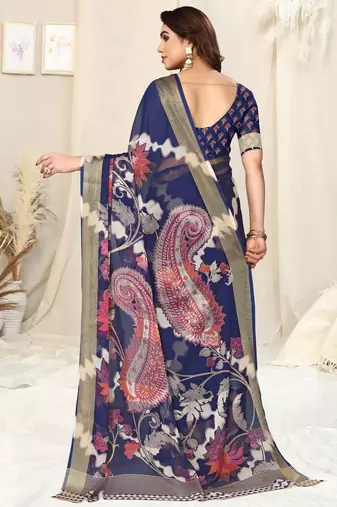 Blue chiffon shibori print paisley zari line border saree with unstitched blouse piece