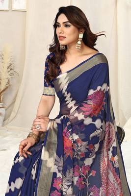 Blue chiffon shibori print paisley zari line border saree with unstitched blouse piece 5