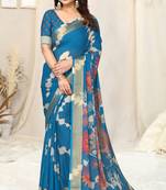 Turquoise chiffon shibori print paisley zari line border saree with unstitched blouse piece
