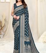 Peacock Blue Silk Blend Ethnic Motif Print Saree With Unstitched Blouse Piece