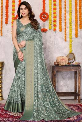 Grey silk blend floral print zari woven border saree with unstitched blouse piece 1