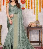 Grey silk blend floral print zari woven border saree with unstitched blouse piece