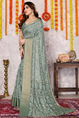 Grey silk blend floral print zari woven border saree with unstitched blouse piece 2