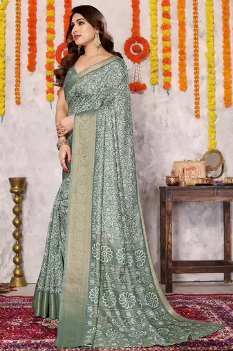 Grey silk blend floral print zari woven border saree with unstitched blouse piece