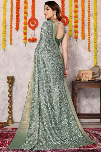 Grey silk blend floral print zari woven border saree with unstitched blouse piece