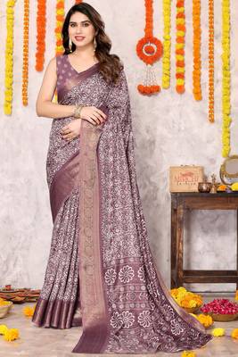 Dusty pink silk blend floral print zari woven border saree with unstitched blouse piece 1