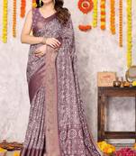 Dusty pink silk blend floral print zari woven border saree with unstitched blouse piece