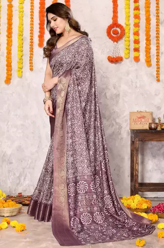 Dusty pink silk blend floral print zari woven border saree with unstitched blouse piece