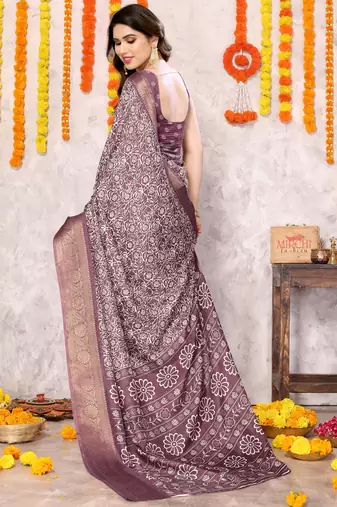 Dusty pink silk blend floral print zari woven border saree with unstitched blouse piece