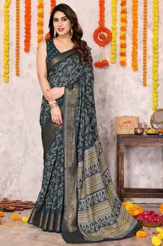 Navy blue silk blend floral print zari woven border saree with unstitched blouse piece