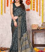 Navy blue silk blend floral print zari woven border saree with unstitched blouse piece