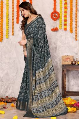 Navy blue silk blend floral print zari woven border saree with unstitched blouse piece 2