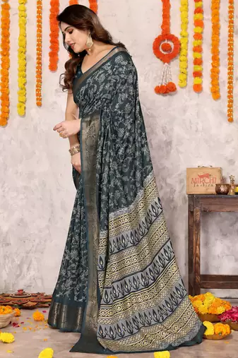 Navy blue silk blend floral print zari woven border saree with unstitched blouse piece