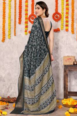 Navy blue silk blend floral print zari woven border saree with unstitched blouse piece 3
