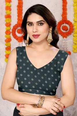 Navy blue silk blend floral print zari woven border saree with unstitched blouse piece 4
