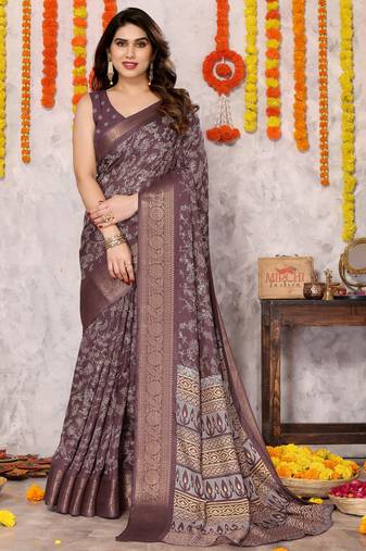 Dusty Wine Silk Blend Floral Print Zari Woven Border Saree With Unstitched Blouse Piece