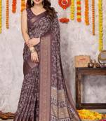 Dusty Wine Silk Blend Floral Print Zari Woven Border Saree With Unstitched Blouse Piece