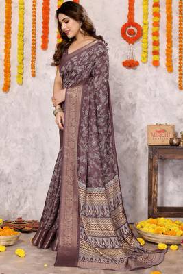 Dusty Wine Silk Blend Floral Print Zari Woven Border Saree With Unstitched Blouse Piece 2