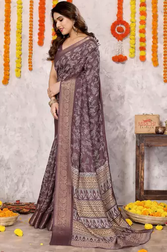 Dusty Wine Silk Blend Floral Print Zari Woven Border Saree With Unstitched Blouse Piece