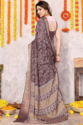 Dusty Wine Silk Blend Floral Print Zari Woven Border Saree With Unstitched Blouse Piece 3