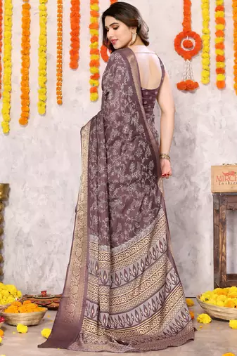 Dusty Wine Silk Blend Floral Print Zari Woven Border Saree With Unstitched Blouse Piece