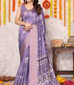 Purple silk blend block print zari woven border saree with unstitched blouse piece