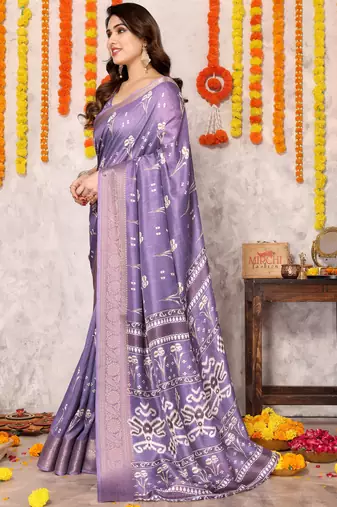Purple silk blend block print zari woven border saree with unstitched blouse piece