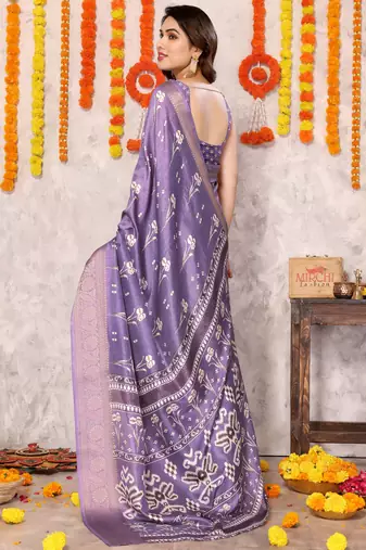 Purple silk blend block print zari woven border saree with unstitched blouse piece