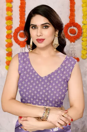 Purple silk blend block print zari woven border saree with unstitched blouse piece