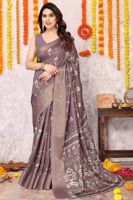 Dusty wine silk blend block print zari woven border saree with unstitched blouse piece 1